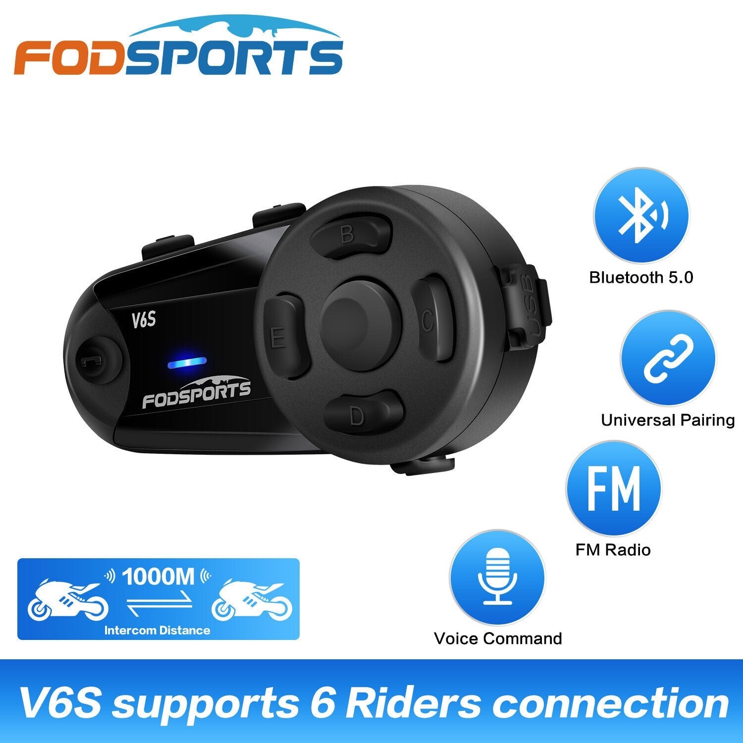 Moto Intercom - Fodsports V6S (1000m) - Bluetooth 5.0 – MotorVisor