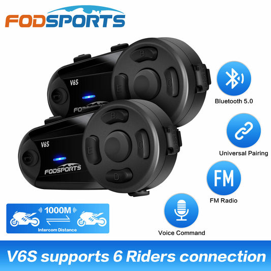 2x Intercomuncadores Moto - Fodsports V6S (1000m) - Bluetooth 5.0